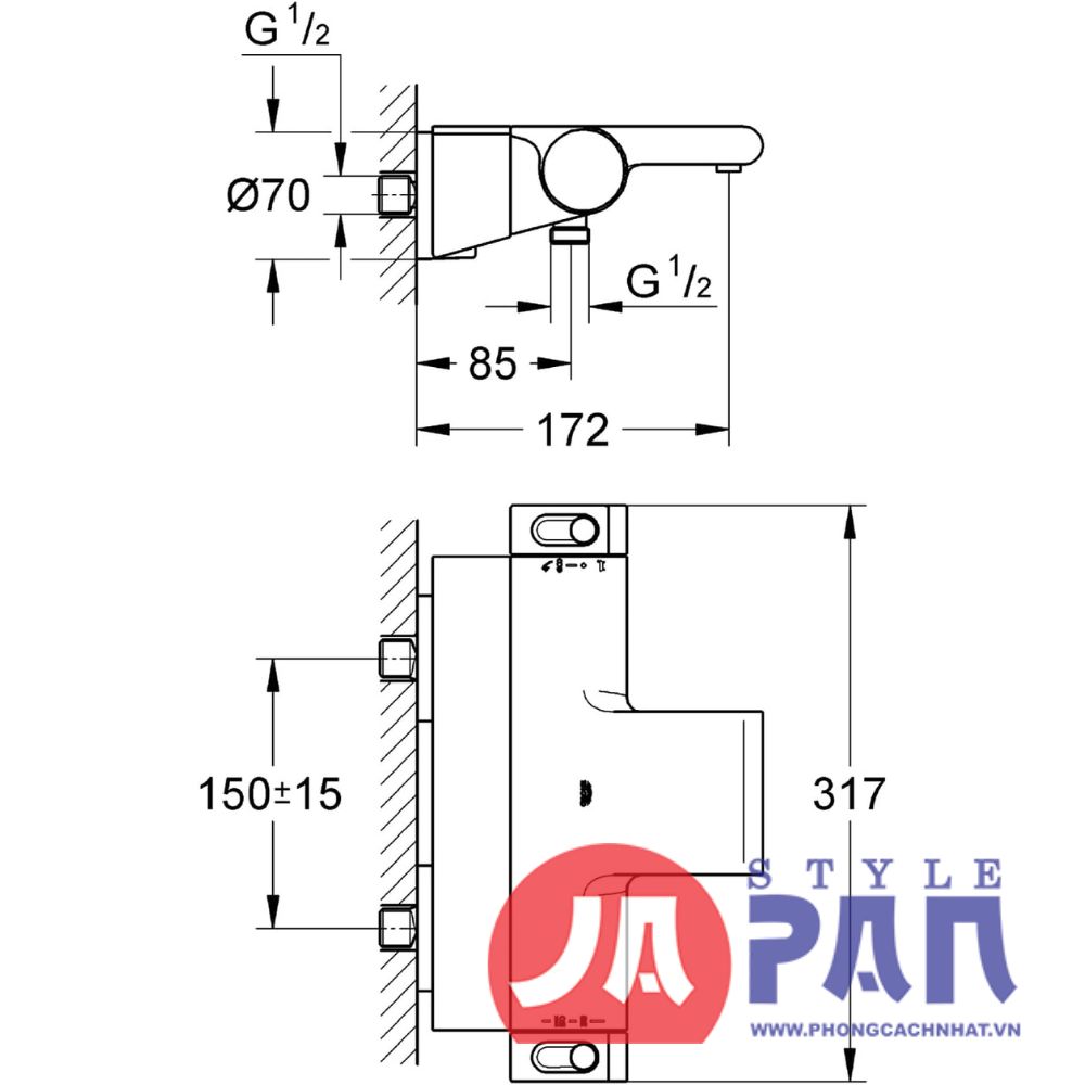 Củ sen nhiệt độ Grohe GRT2000 | nội địa Nhật 3 Bản vẽ kỹ thuật củ sen nhiệt độ Grohe GRT2000